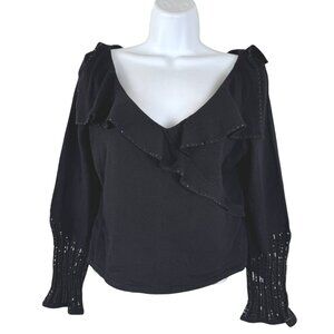 St. John Evening Santana Knit Top Size 2 Black Ruffle Long Sleeve V-Neck TP-3826